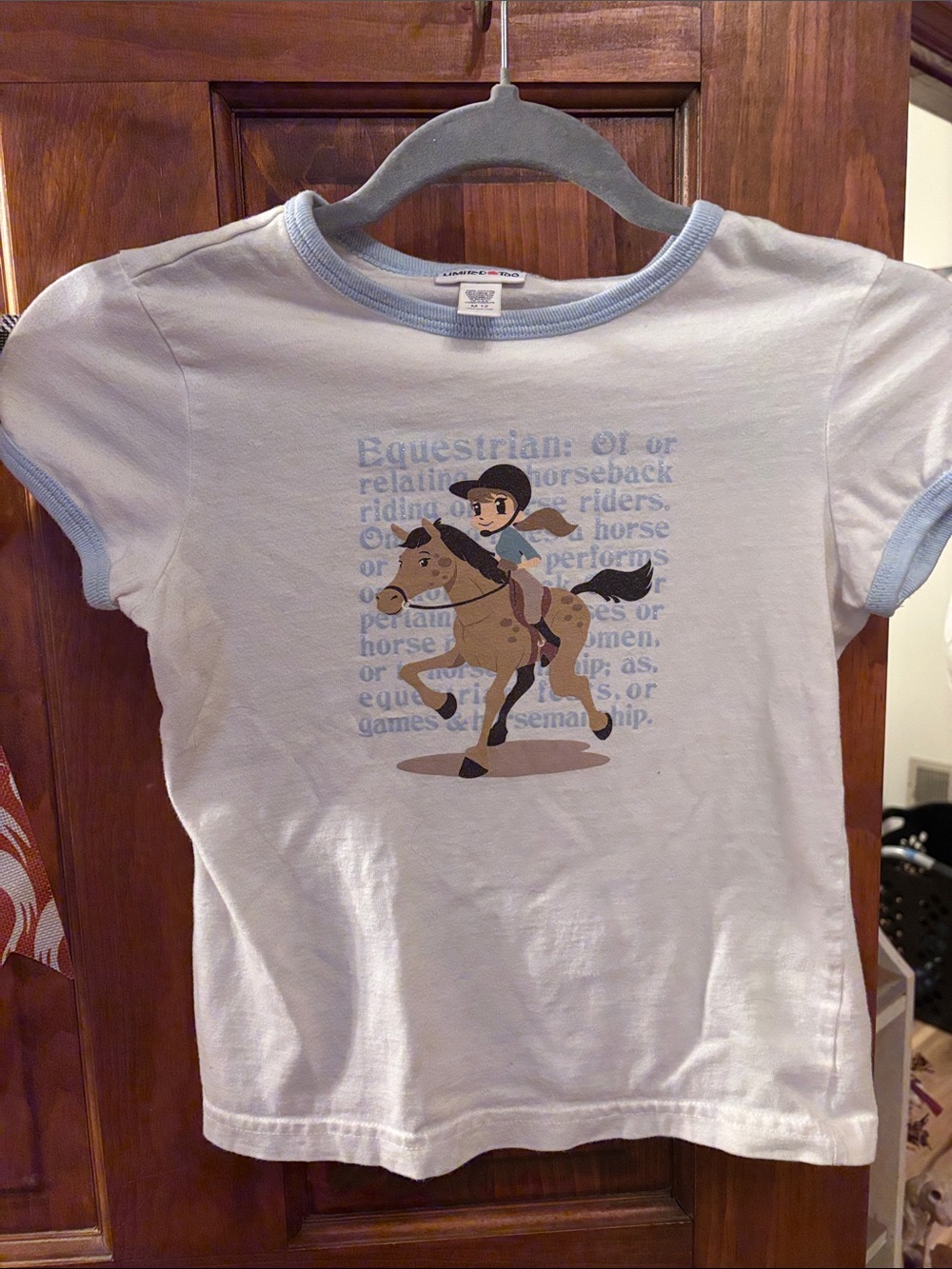 Limited Too White Tee with Light Blue Trim and Equestrian Graphic